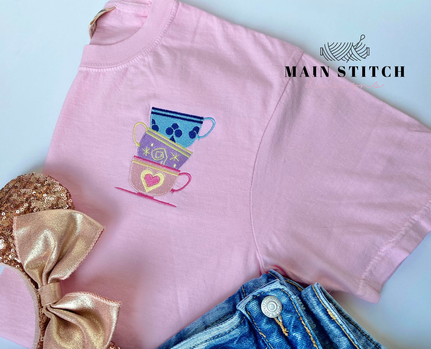 Tea Cups Embroidered T-Shirt